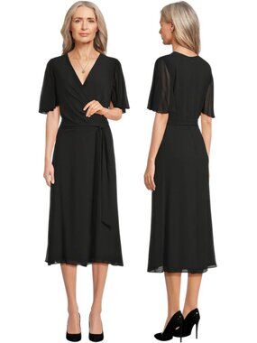Lauren Ralph Lauren Belted Georgette Dress Women's 12 Black Faux Wrap Chiffon